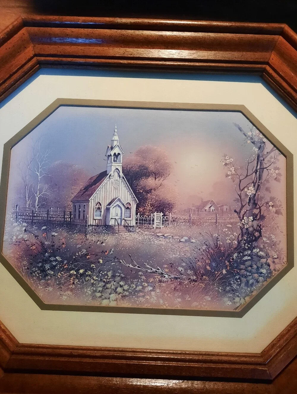 Vintage Framed Homeco Pastel Chapel Print in Brown Octagonal Frame